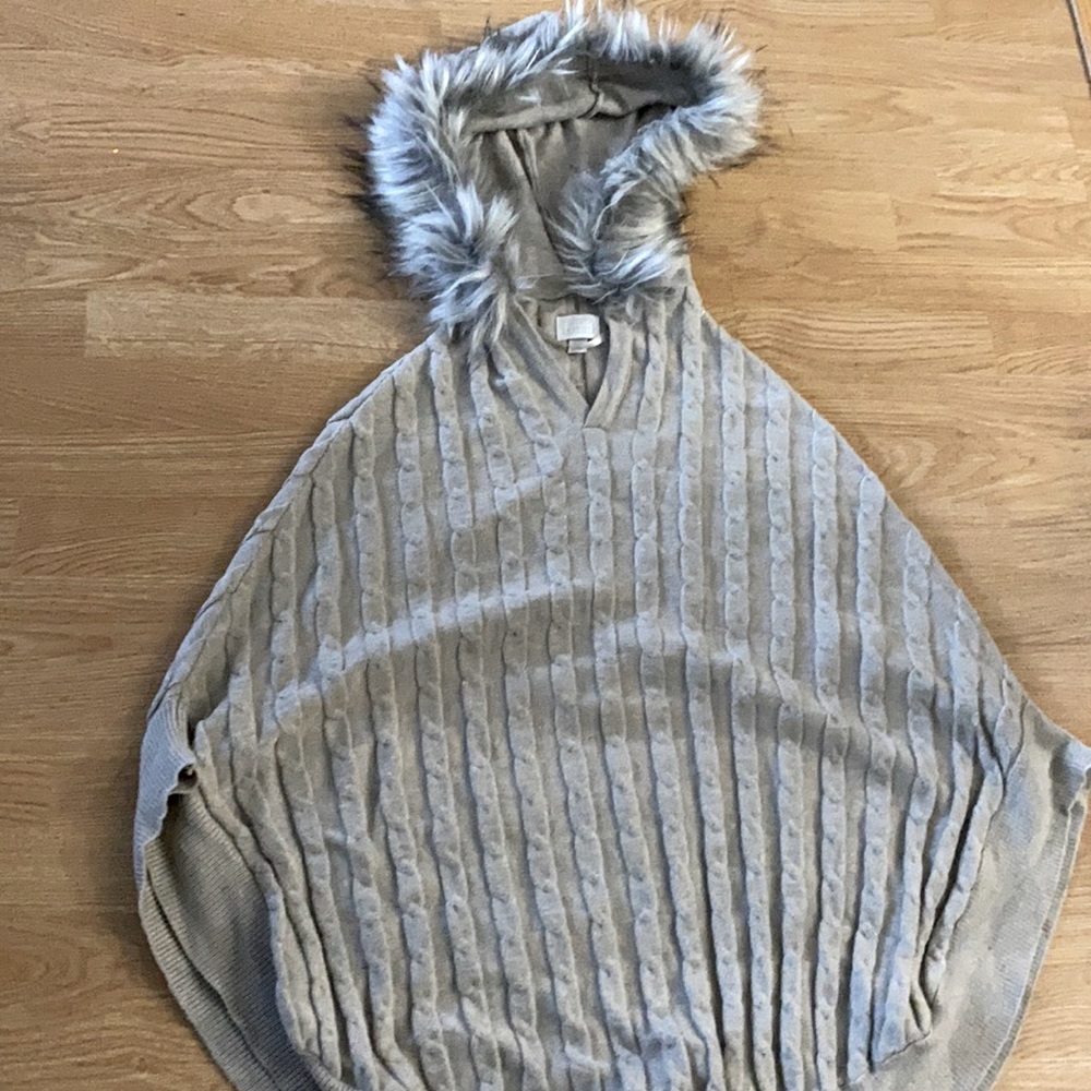 Faux fur cable knit hooded poncho pullover